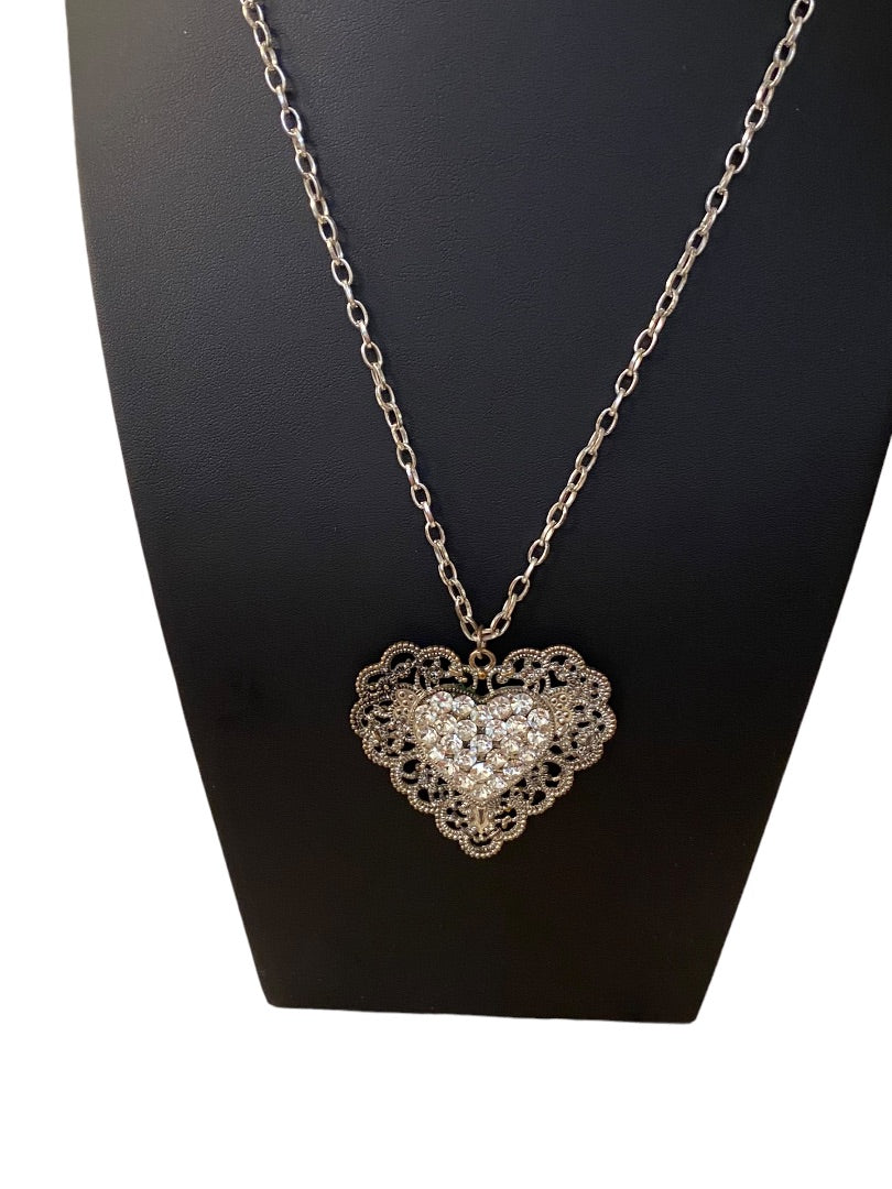 Silvertone Heart Medallion 27" Necklace Dramatic Filagree Look Pendant 2.25" Drop Lobster Clasp