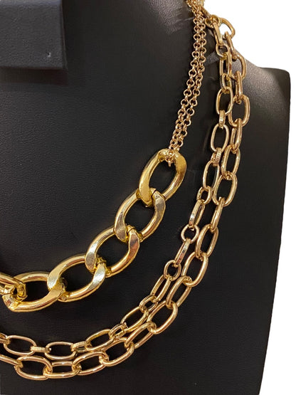 Layered Goldtone Chunky Chain Necklace Statement Lobster Clasp Closure 16"