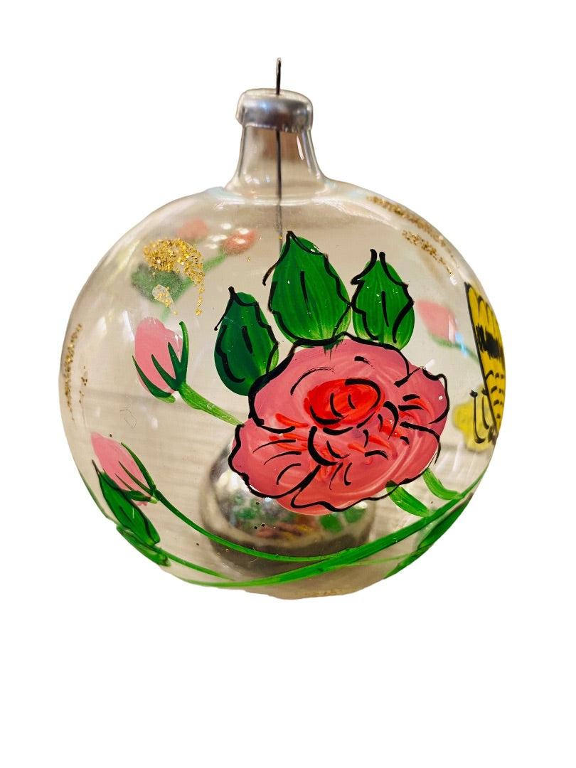 Clear Glass Ornament Tabletop or Hanging Handpainted Butterfly Flower Glitter 3.25" Diameter