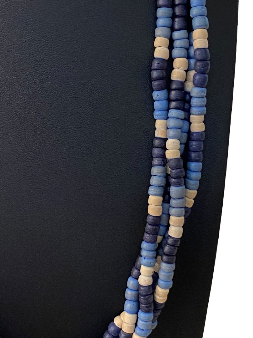 Vintage 1970s Blue Wooden Bead Statement Necklace Hook Closure Four Strand 27"