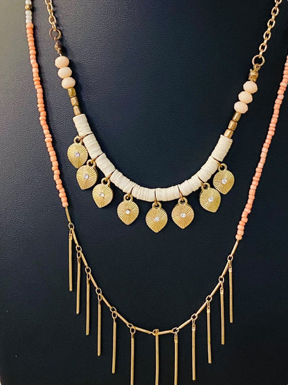 Dual Strand Layered Necklace Pink Seed Beads Goldtone 18-20"