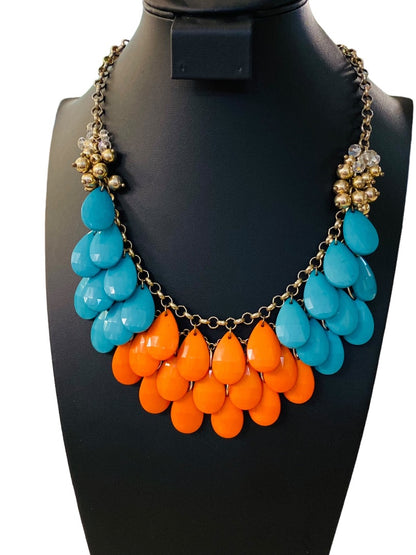 Statement Necklace Teal Coral Goldtone Funky Lays Flat Faceted Acrylic Beads