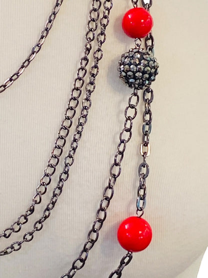 Pewter Color Layered Look Necklace Red Bead Lobster Clasp 27" Long