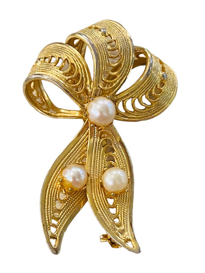 Vintage Goldtone and Faux Pearl Vintage Brooch Filigree Ribbon Shape 1.75"