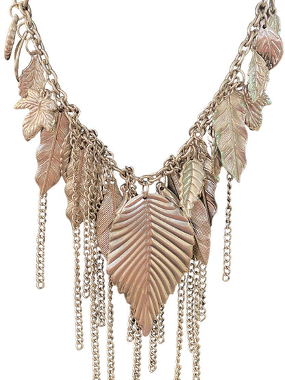 Silvertone Layered Boho Necklace Leaf and Chain Statement 16-18"