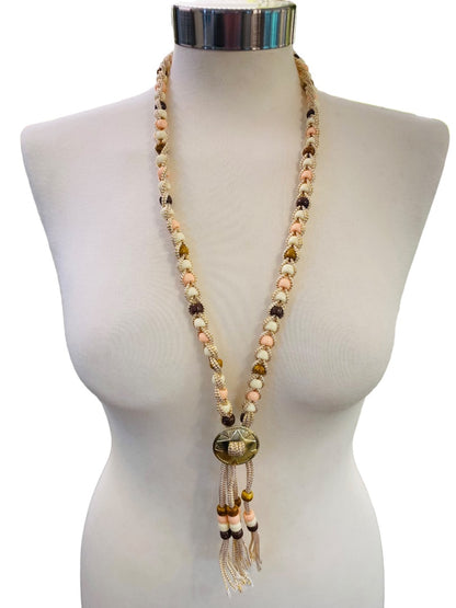 Braided Plastic Bead Necklace 32" Overhead Goldtone Pink Brown Lightweight 5" Tassel