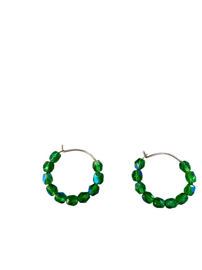 Pierced Silvertone Green Beaded Hoop Earrings Pierced Latch Back .8" Diameter