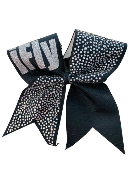 Girls Oversize Hair Bow 6.5" Elastic Ponytail Holder "iFly" Black Silver Bejeweled