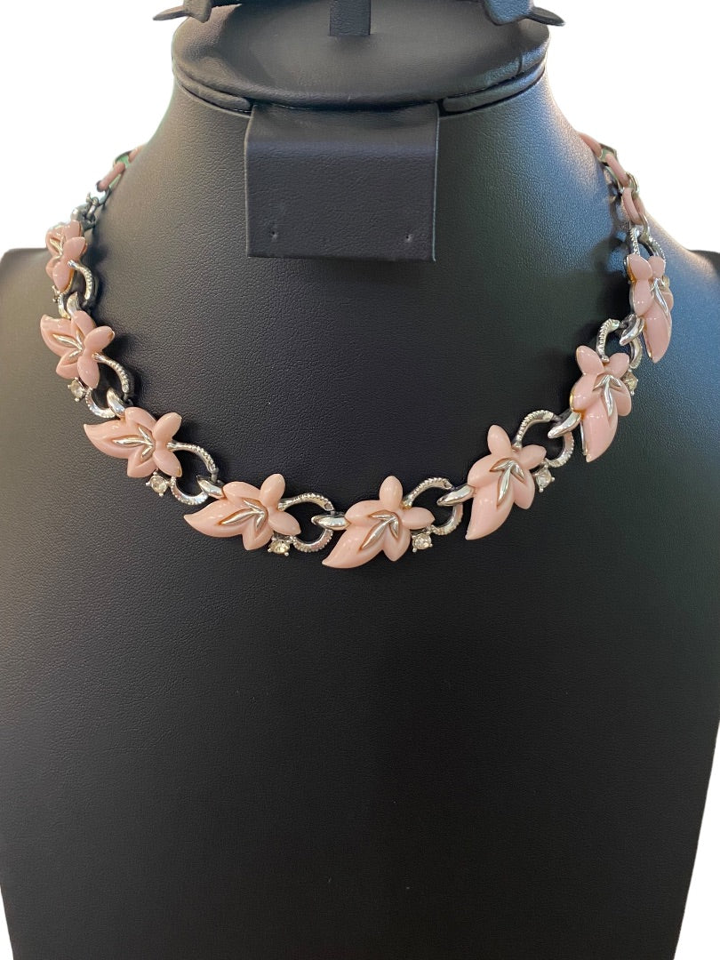 Vintage 13-15" Necklace Hook Closure Pink Plastic Leaf Silvertone