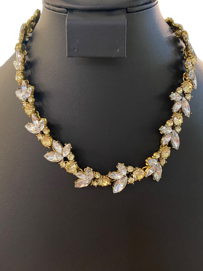 Goldtone Statement Necklace Vine Design Green Clear Faceted Jewels 16-18" Lays Flat