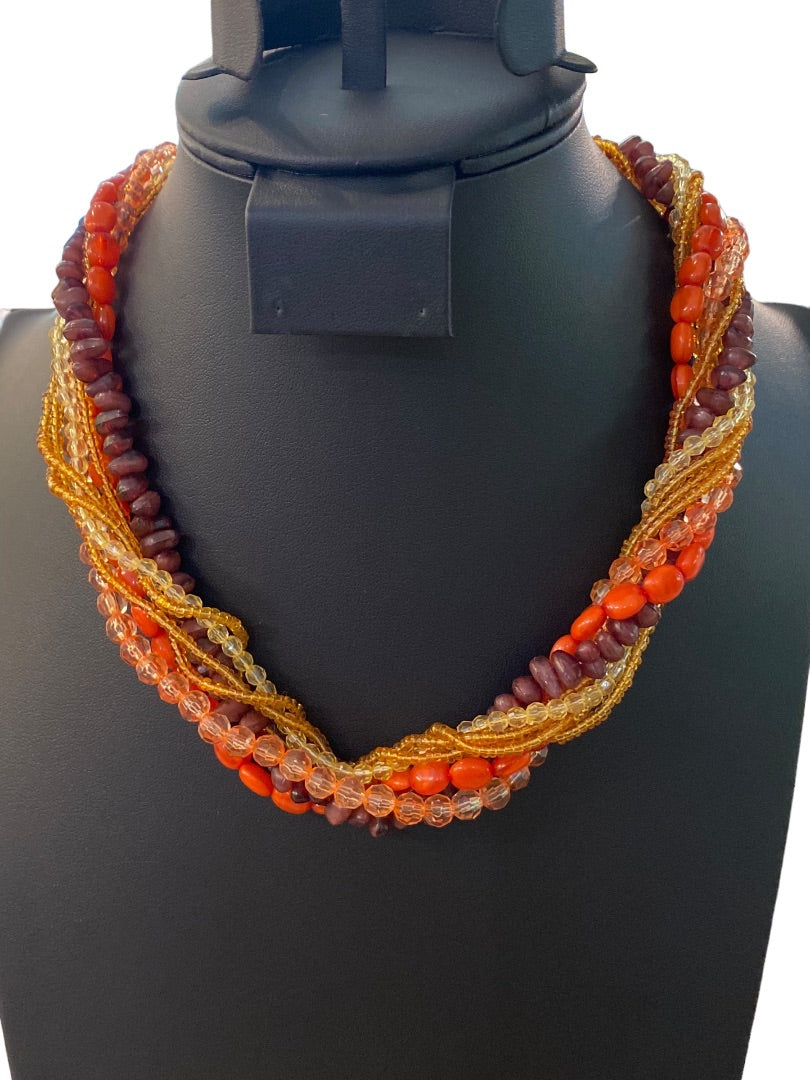 Vintage Twist Multistrand Acrylic Beaded Necklace 18-21" Orange Brown Lobster Clasp