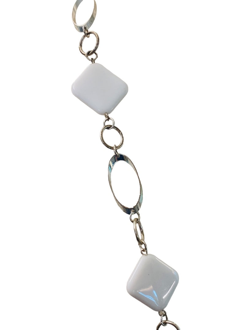 Silvertone and White Acrylic Square Necklace Overhead 34" Lightweight