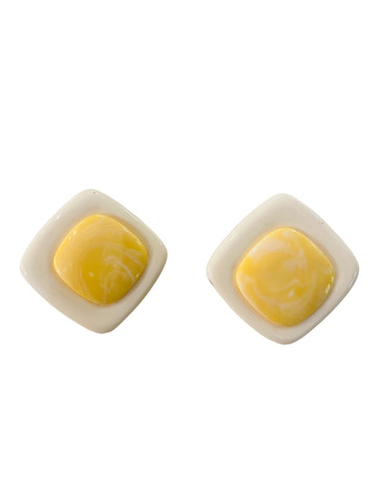 Vintage Acrylic Clip On Non-Pierced Earrings Yellow Cream Square 1.25" Retro