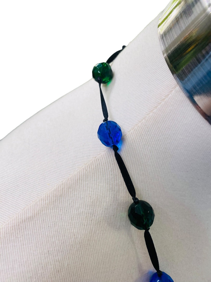 Blue Green Black Knotted Ribbon Necklace Faceted Beads 48" Oversize Spring Clasp
