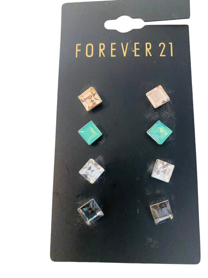 Forever 21 Set of 4 Pair Earrings Stud Pierced Faceted Pink Green Clear Gray