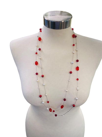 Silvertone Red Chain Necklace Strand String 67" Lobster Clasp Faux Assorted Pearls