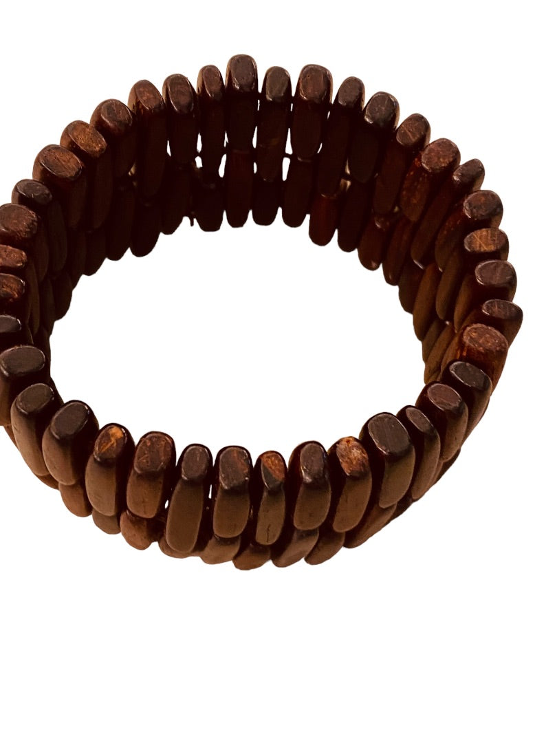 Brown Beaded Oblong Cuff Stretch Bracelet 1.5" Thick Boho Look