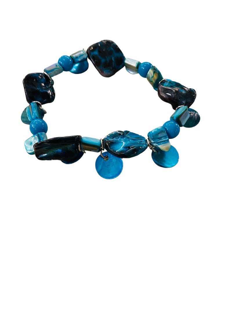 Teal Black Beaded Stretch Bracelet Glass Beads  Dangle Shells