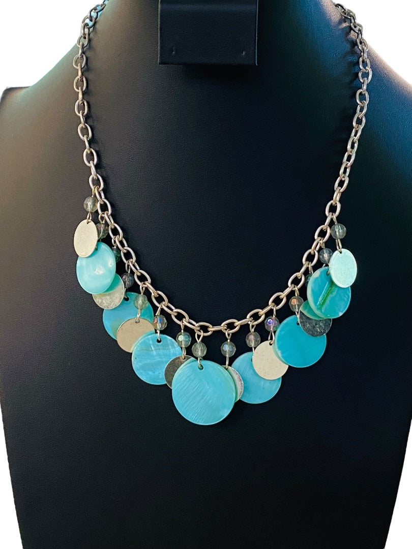 Silvertone and Aqua Charm Layered Circle Necklace 16-19" Lobster Clasp