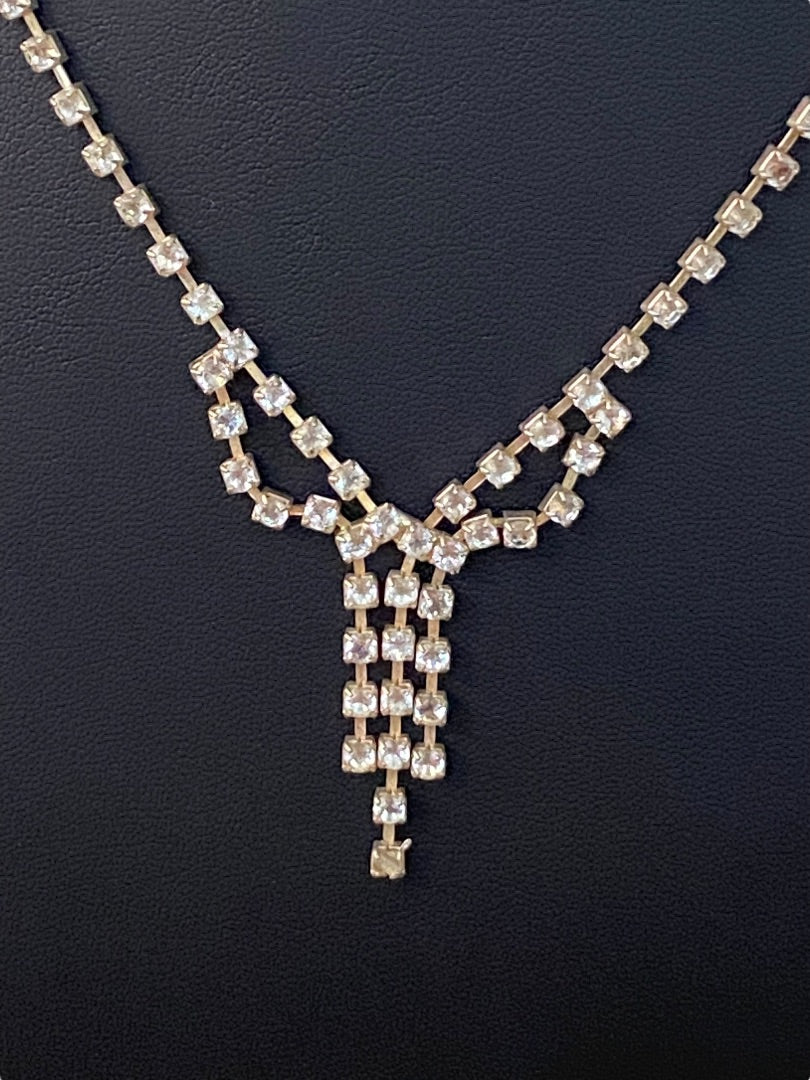 Rhinestone Formal Silvertone Necklace 21" Lobster Clasp 2" Drop