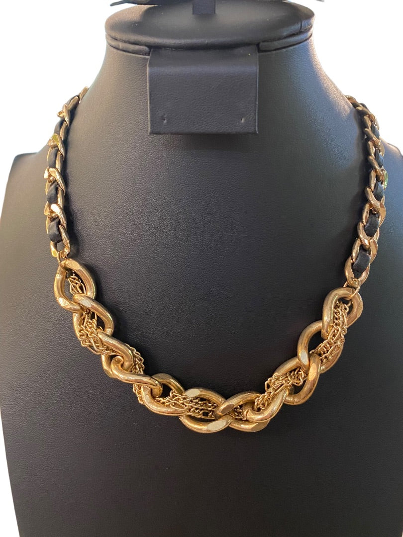 Goldtone and Black Cord Chunky Dual Strand Chain Necklace 17-19" Lobster Clasp