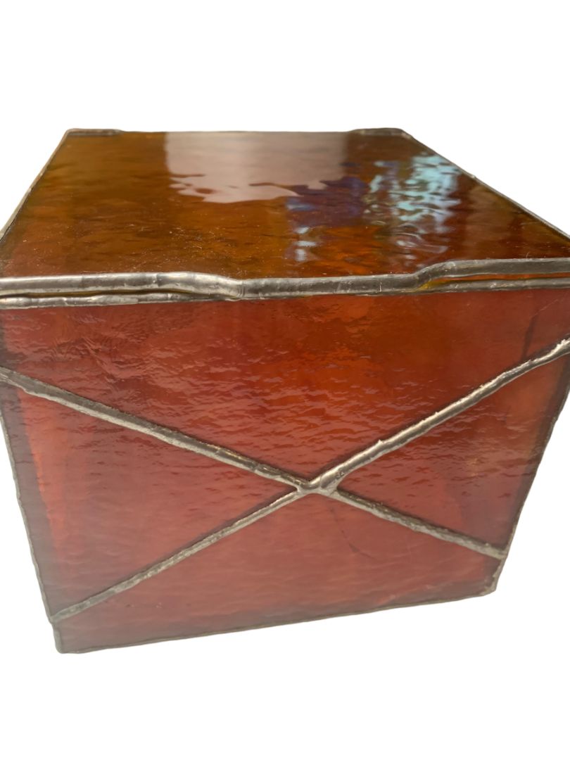 Amber  Stained Glass Lidded Hinged Box Footed Decorative Storage 6.5" Square x 5"h