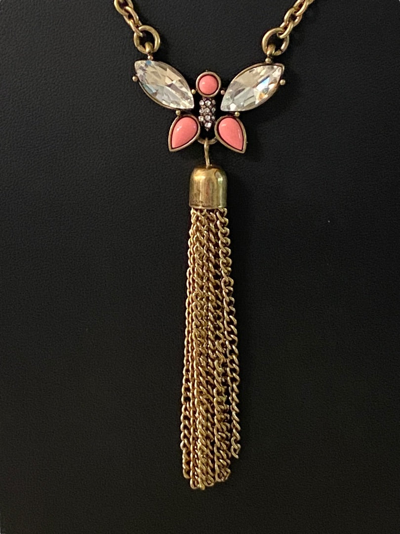Goldtone Tassel Butterfly 31" Necklace 3.75" Drop Lobster Clasp