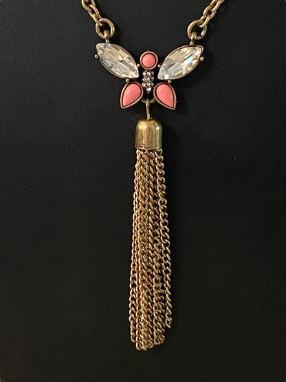 Goldtone Tassel Butterfly 31" Necklace 3.75" Drop Lobster Clasp