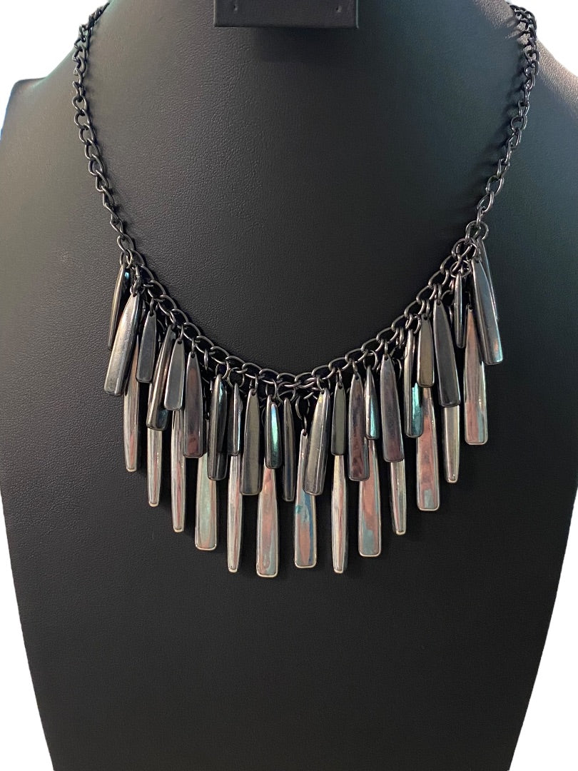 New York & Co Pewter Color and Silvertone Fringe Necklace 18-21" Lobster Clasp 1.5" Drop