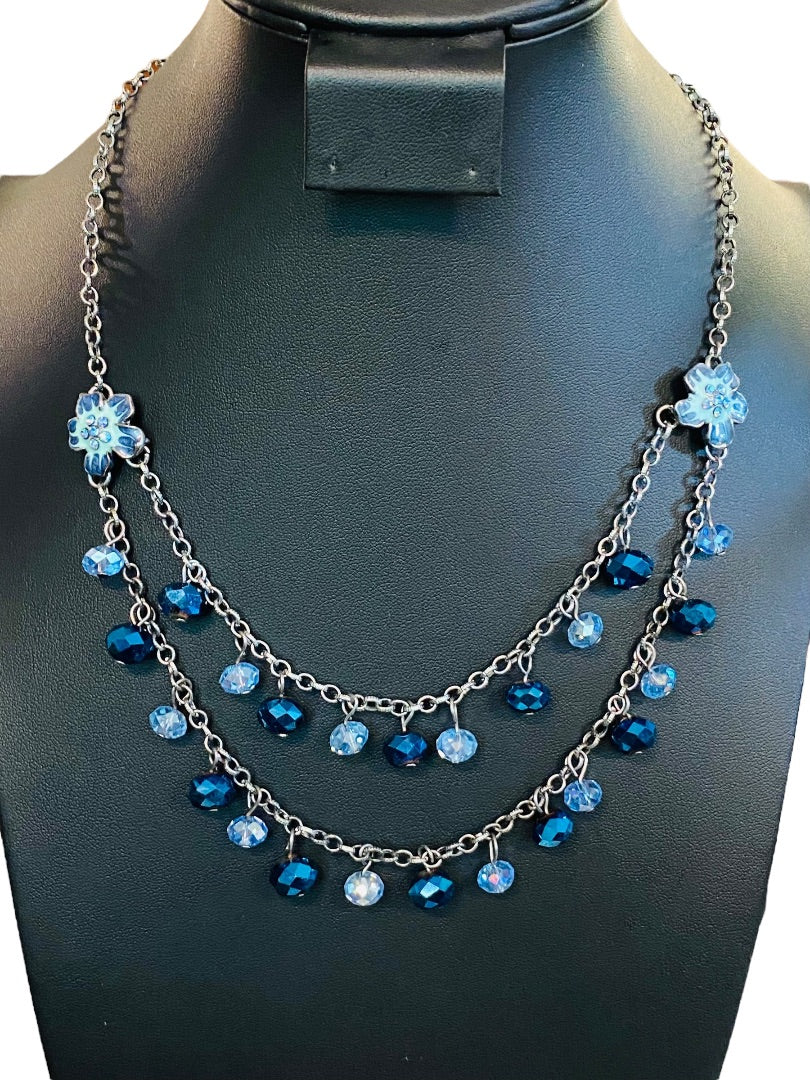 Dark Silvertone Blue Beaded Layered Necklace Floral 19" Lobster Clasp