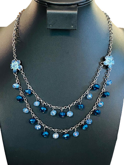 Dark Silvertone Blue Beaded Layered Necklace Floral 19" Lobster Clasp