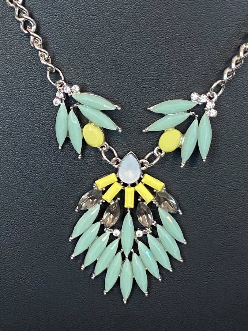 Silvertone Green Yellow 18-19" Statement Necklace Beaded Green Yellow