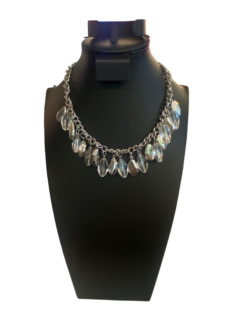 Silvertone 17" Statement Necklace Clear Charm Beads Lobster Clasp