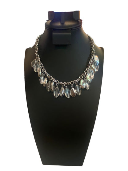 Silvertone 17" Statement Necklace Clear Charm Beads Lobster Clasp