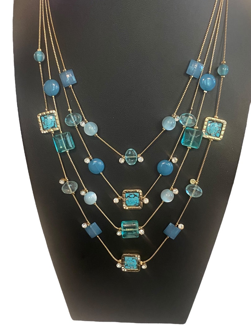 Charming Charlie 4 Strand Goldtone Blue Aqua Beads Layered 18-21"