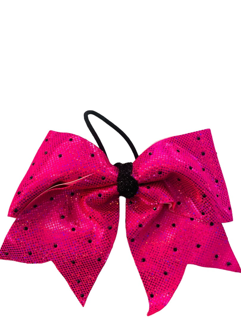 Girls Oversize Hair Bow 6.5" Elastic Ponytail Hot Pink Black Dots Gilttery Shiny