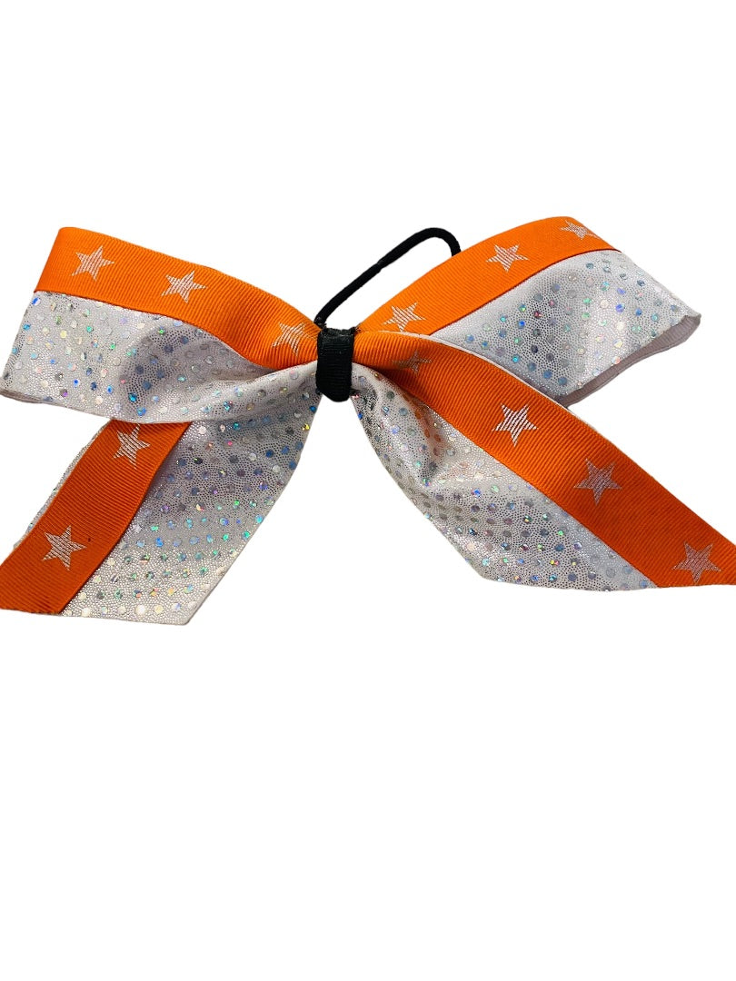 Girls Oversize Hair Bow 8" Elastic Ponytail Silver Orange Star Print