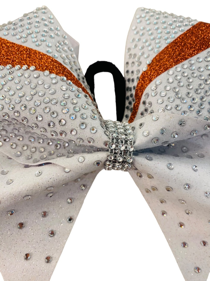 Girls Oversize Hair Bow 7" Elastic Ponytail Holder White Orange  Bejeweled