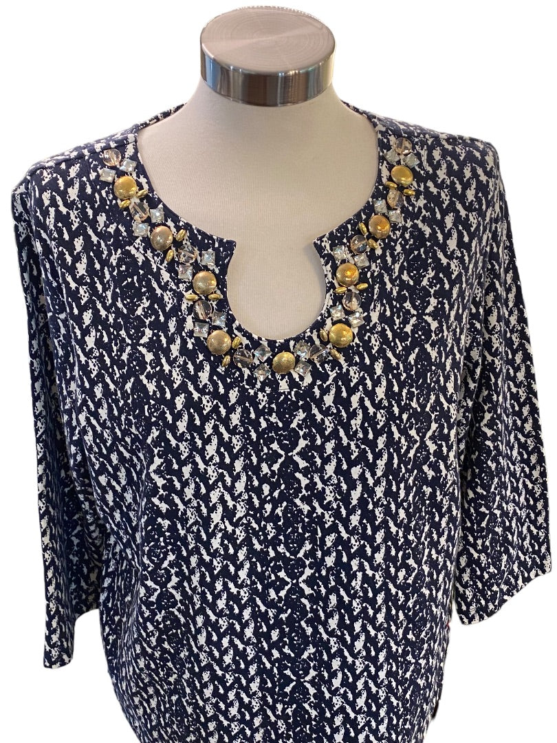 XL Petite Ruby Rd Womens New Moonstruck Embellished Neck Pullover Shirt 3/4 Sleeve