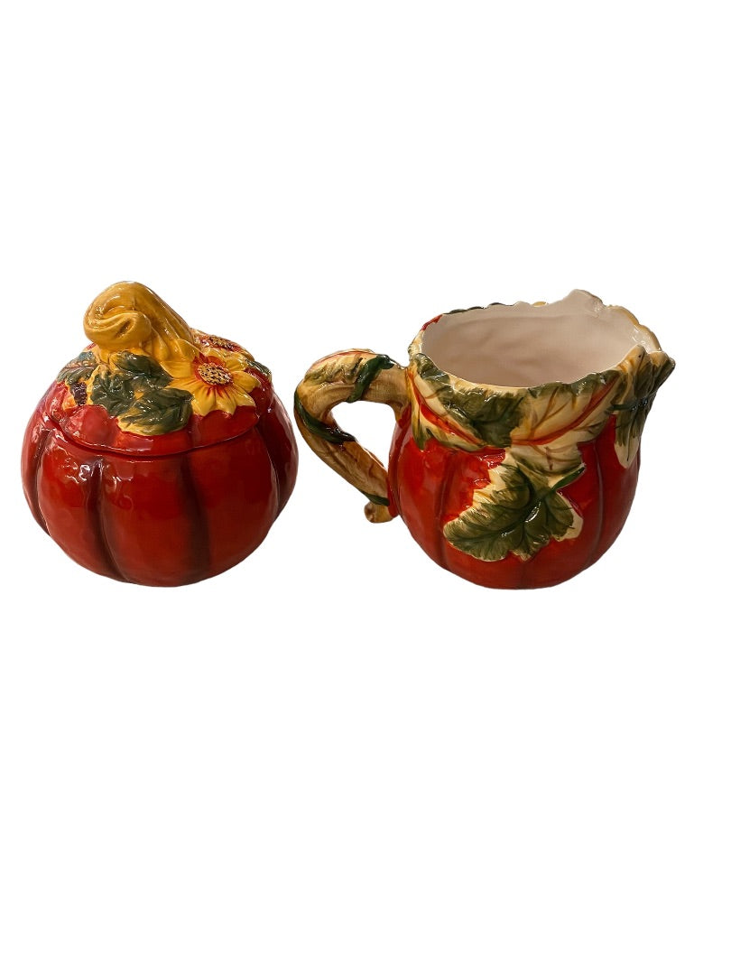 Country Road Ceramic Creamer and Lidded Sugar Bowl Pumpkin Fall Autumn