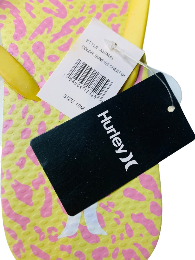 10M Hurley Womens New Animal Flip Flops Yellow Pink Cheetah Sunrise