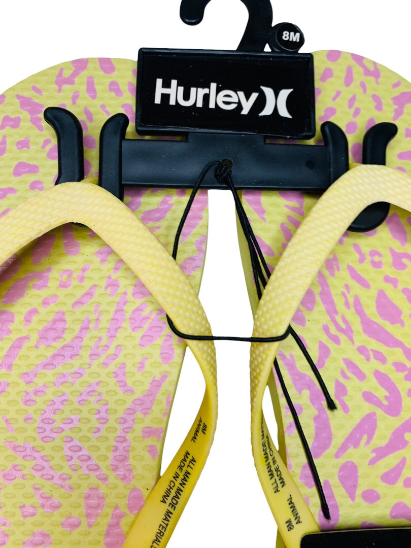 8M Hurley Womens New Animal Flip Flops Yellow Pink Cheetah Sunrise