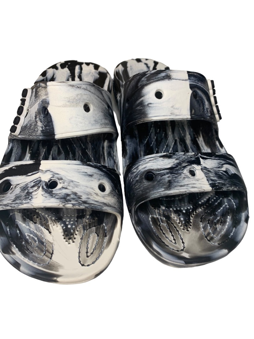 Size 10 Womens (8 Mens) Crocs Adult Unisex Marbled Black White Slide Sandals