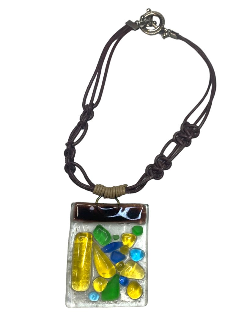 Art Glass Pendant Statement Necklace Mulitcolor 14" Toggle Clasp 2.2"h