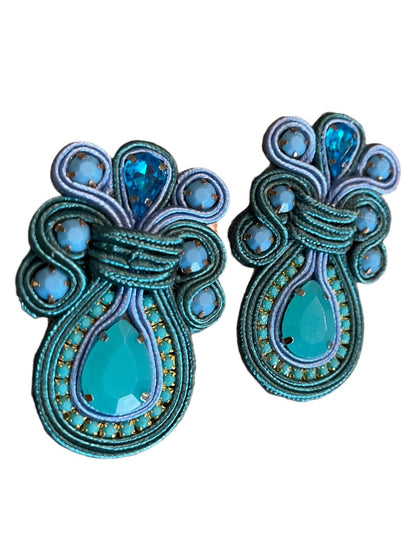 Soutache Post Earrings Flat Ribbon Statement Teardrop Turquoise Ornate 2.5"