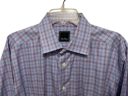 17.5 (32/33) David Donahue 100% Cotton Button Up Mens Plaid Dress Shirt Purple Blue Plaid