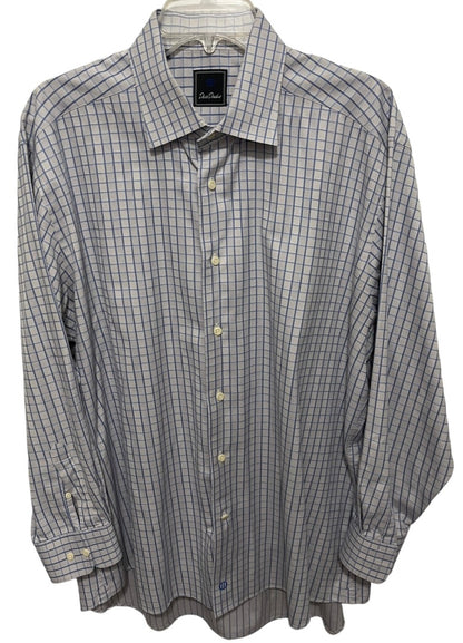 17.5 (32/33) David Donahue 100% Cotton Button Up Mens Plaid Dress Shirt Blue