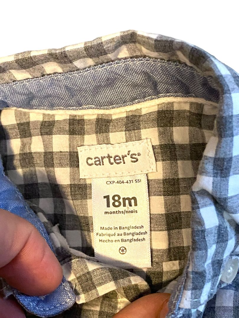 18M Carter's Boys Gray Gingham Button Down Shirt One Piece Snap Crotch