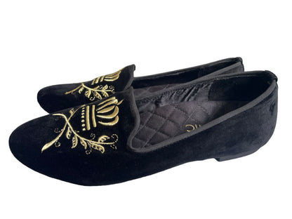 7.5 M Vionic Romi Black Velvet Flat Smoking Loafer Comfort Regal Crest Embroidered