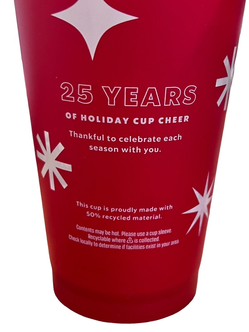 Starbucks 2 Christmas Coffee Cups & Lids Red Holiday Plastic 25 Years Tall 16oz Brand New